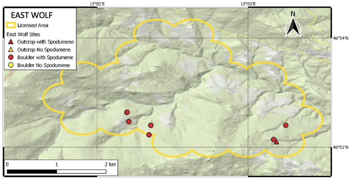 Figure 4: Pegmatites and spodumene occurrences on the East Wolf property